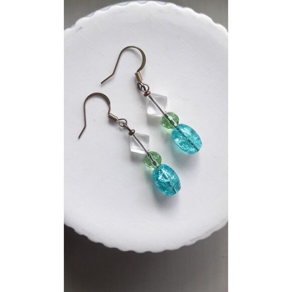 NEW Earrings Summer rain pretty beads as sky blue crackle glass, grass 352#fs- - Picture 5 of 5